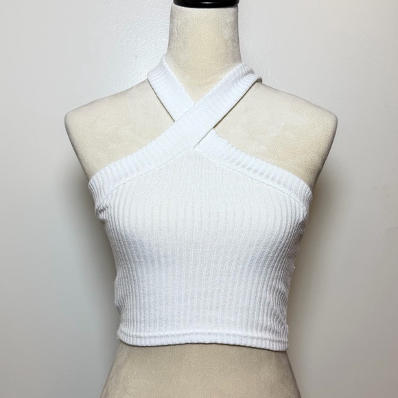 SHEIN Tops - Women's SHEIN White Ribbed Criss Cross Halter Crop Top Size Small Y2K Minimalist